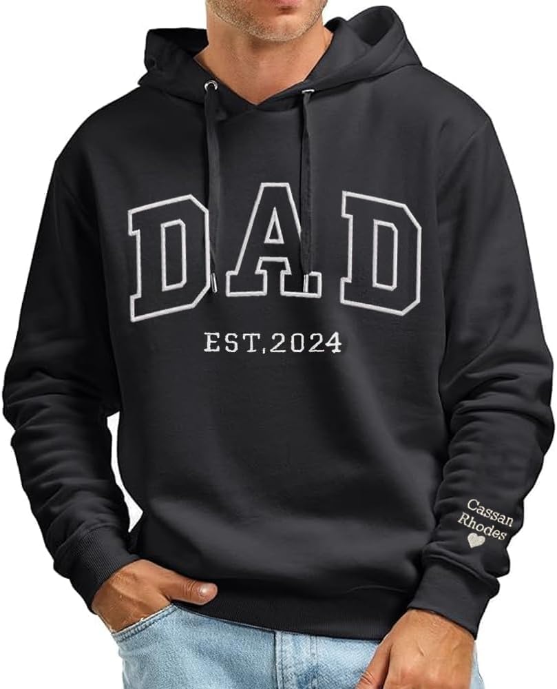 GODMERCH Personalized Embroidered Dad Est Hoodie with Kid Names on Sleeve, Dad Sweatshirt Hoodie for Men, Gifts for Dad Daddy Husband Grandpa Fathers Day Christmas