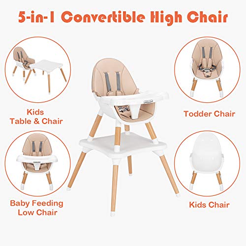 JOYMOR 5-in-1 Convertible Baby High Chair for Babies and Toddlers, Table and Chair Set, Wooden Infant Eating Highchair with Leather Seat Cushion, 4-Position Removeable & Adjustable Tray (Biege)