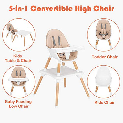 JOYMOR 5-in-1 Convertible Baby High Chair for Babies and Toddlers, Table and Chair Set, Wooden Infant Eating Highchair with Leather Seat Cushion, 4-Position Removeable & Adjustable Tray (Biege)