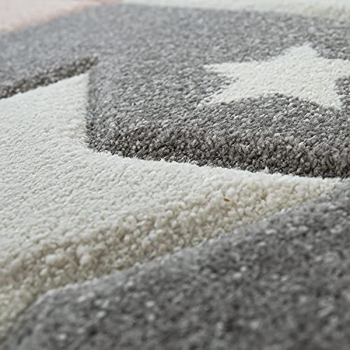 Paco Home Kids Rug for Nursery Checkered with Dots & Stars in Blue White Grey, Size: 3'11" Round