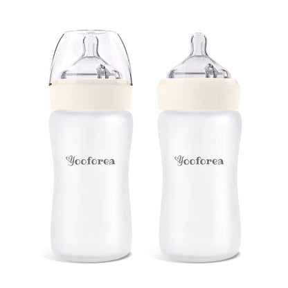 Yooforea Silicone Coated Glass Baby Bottle, 0M+ Slow Flow Nipple I Anti-Colic, Wide Neck, Stable Base I Medical-Grade Silicone Coating for Shatter Protection, BPA BPS PVC Free (3 Ounce-Honey)