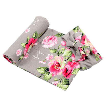 Galabloomer Newborn Receiving Blanket Headband Set Baby Flower Swaddle (vintage flower)