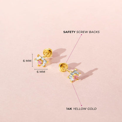 14k Yellow Gold Colorful Cubic Zirconia Flower Studs - Screw Back Earrings for Toddlers & Little Girls - Casual & Sparkly Flower Earrings for Children