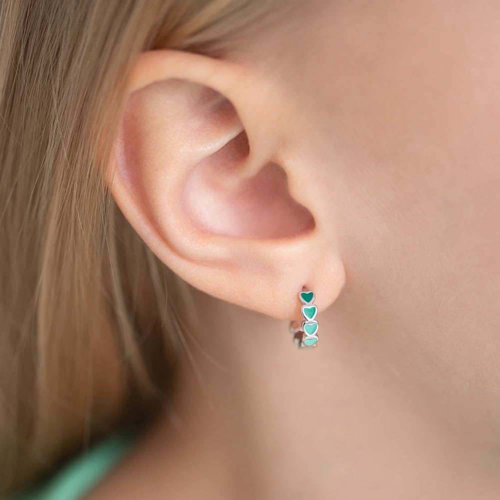 925 Sterling Silver Tiny Heart Enamel Huggie Hoop Earrings - Multicolored Heart Themed Hoops