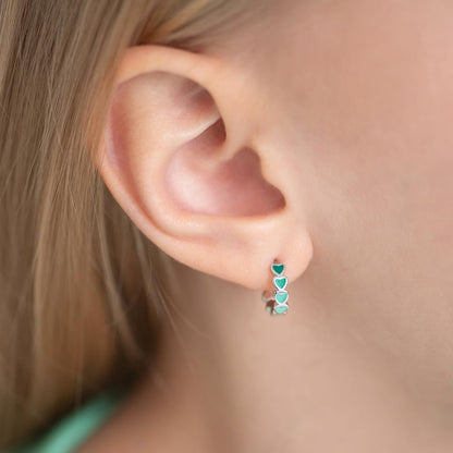 925 Sterling Silver Tiny Heart Enamel Huggie Hoop Earrings - Multicolored Heart Themed Hoops