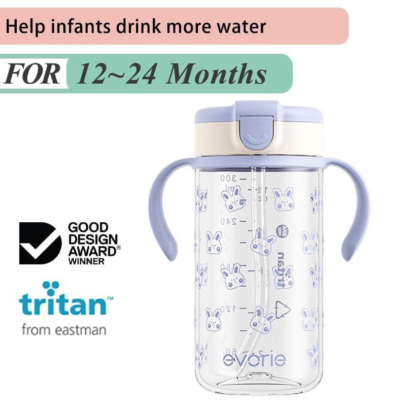 Evorie Tritan Spill Proof Toddler Straw Sippy Cup, 10 oz for Baby and Toddlers 1-3 Years Old, No Spill Straw Water Bottle with Removable Handles, Ideal for School, BPA-Free, Pink Rabbit