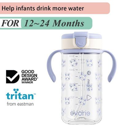 Evorie Tritan Spill Proof Toddler Straw Sippy Cup, 10 oz for Baby and Toddlers 1-3 Years Old, No Spill Straw Water Bottle with Removable Handles, Ideal for School, BPA-Free, Pink Rabbit