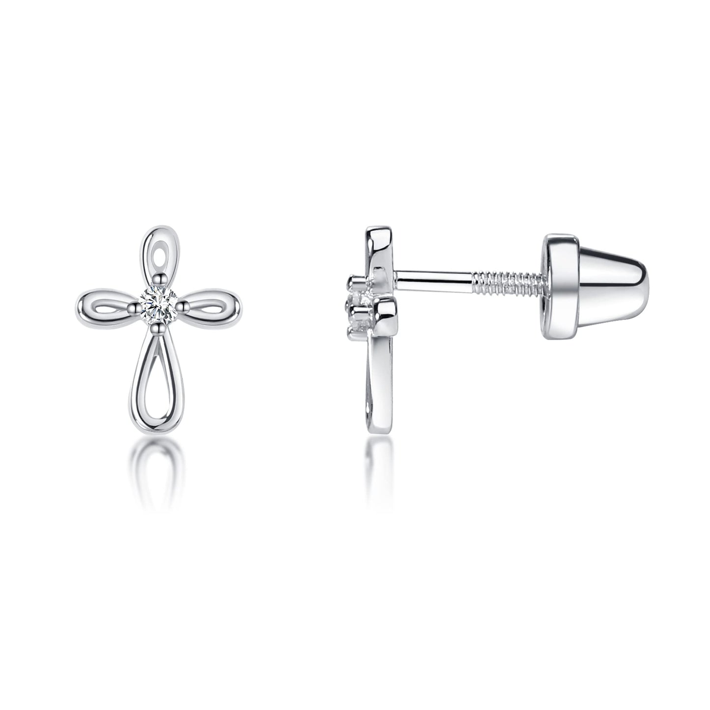 Cherished Moments Girl's 14K Dainty Gold-Plated or Sterling Silver Infinity Cross Earring with CZ and Screw Back