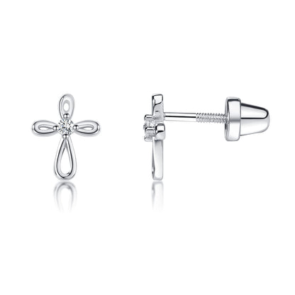 Cherished Moments Girl's 14K Dainty Gold-Plated or Sterling Silver Infinity Cross Earring with CZ and Screw Back