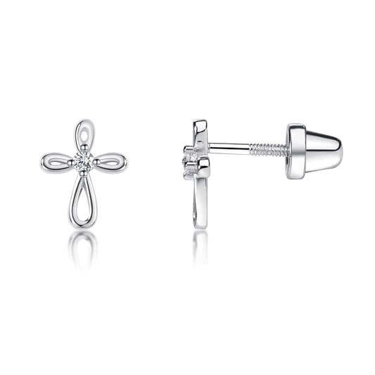 Cherished Moments Girl's 14K Dainty Gold-Plated or Sterling Silver Infinity Cross Earring with CZ and Screw Back