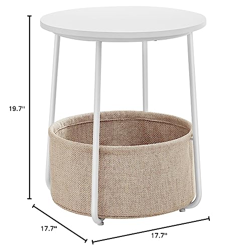 VASAGLE End Table, Small Bedside Table with Fabric Basket, Modern Nightstand, Round Side Table, for Living Room, Bedroom, Matte White and Camel Brown ULET223W10