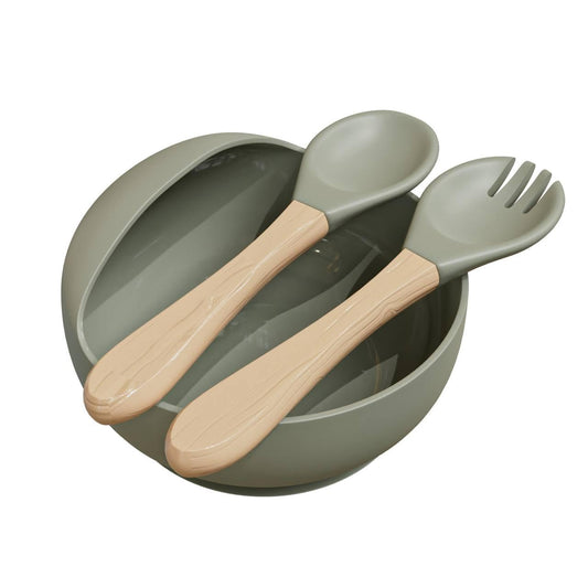 Silicone set of dishes and cutlery for kids. Plate, spoon, fork. Color: beige, gray, green. Size 4,5 x 4,5 in (GREEN)