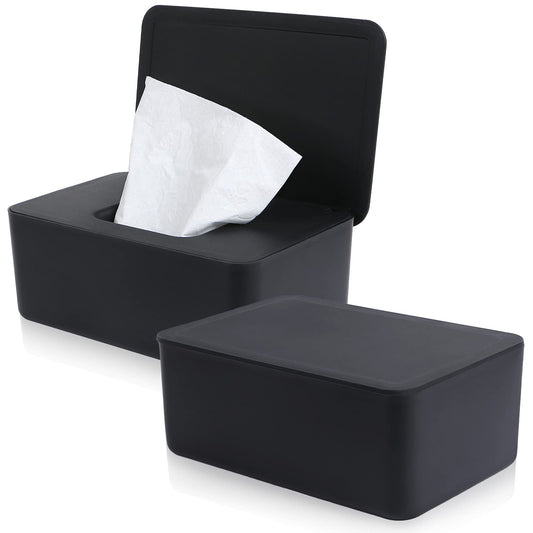Wet Wipes Storage Box, 2 Pack Wipes Dispenser Holder Tissue Storage Boxes Case with Lid Diaper Wipes Dispenser Box Dustproof Napkin Container with Sealing Design (Black)