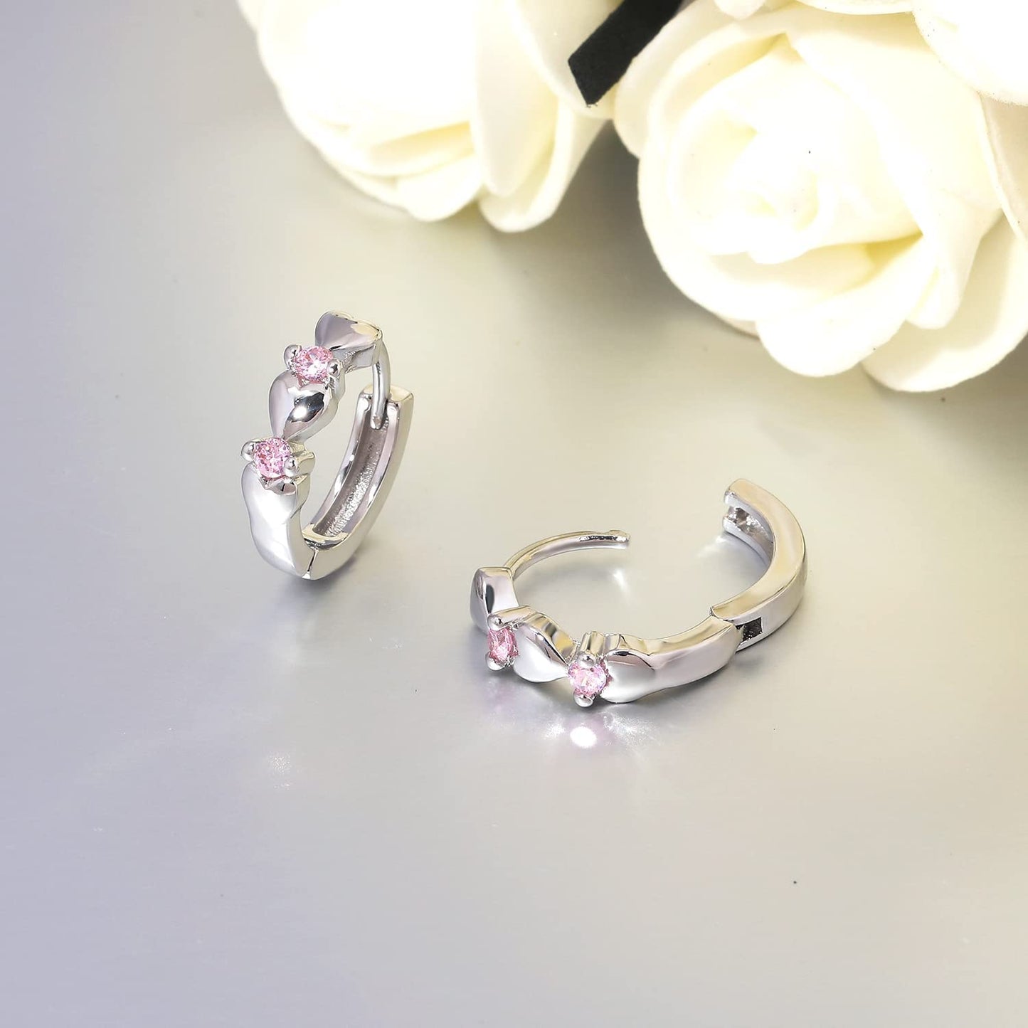 CiNily 14K White Gold Plated Small Hoop Earrings for Women Girls Heart Cubic Zirconia Hypoallergenic Earrings