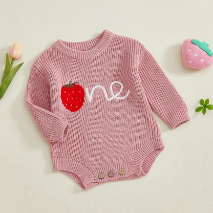 Baby Girl First Birthday Outfit One Year Old Strawberry Embroidery Knit Sweater Romper Warm Fall Winter Clothes