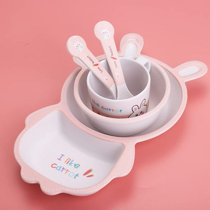 Bamboo Kids Dinnerware Set 5 Pcs Includes Plate Bowl Cup Fork Spoon Perfect for Kids BPA-Free (Little Dinosaur)