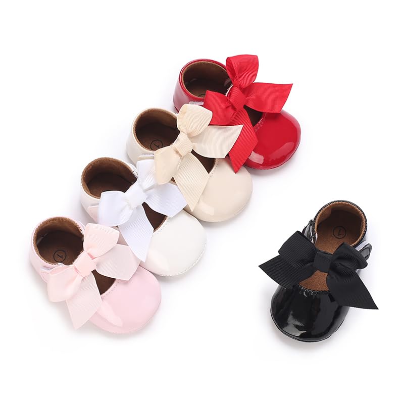 LAFEGEN Baby Girls Mary Jane Flats with Bownot Non Slip Soft Sole PU Leather Newborn Infant Toddler First Walker Cirb Dress Shoes