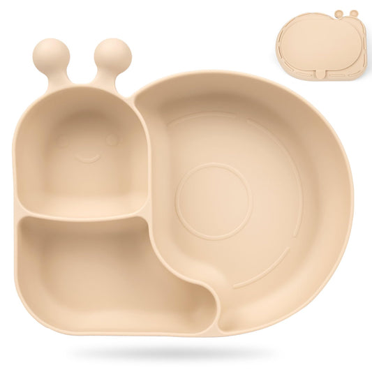 Silicone Baby Plate with Super Suction – Snail Shape 3 Compartment Toddler Food Plate Self Feeding Unbreakable Eating Supplies for Boys and Girls (Pink) (Green)