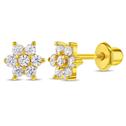 Gold Plated Cubic Zirconia Flower Safety Screw Back Earrings for Babies and Toddlers 5mm - Delicate and Sparkling Flower Earrings for Little Girls - Lovely Floral Studs