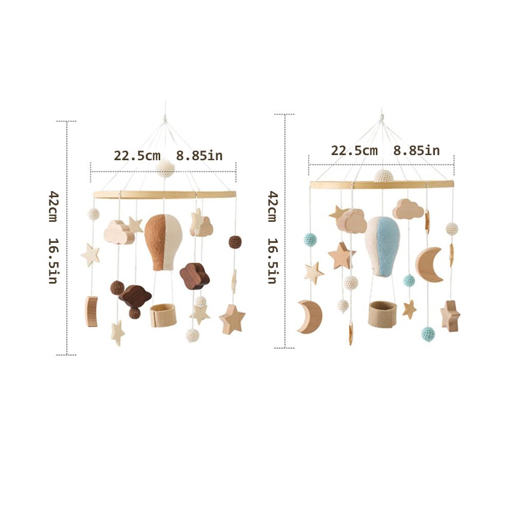 Baby Crib Mobile for Boys Girls, Wooden Boho Nursery Mobile Hot Air Balloon Stars Moon Space Bed Bell Hanging Toys Pendant Wind Chimes Decorations, Blue