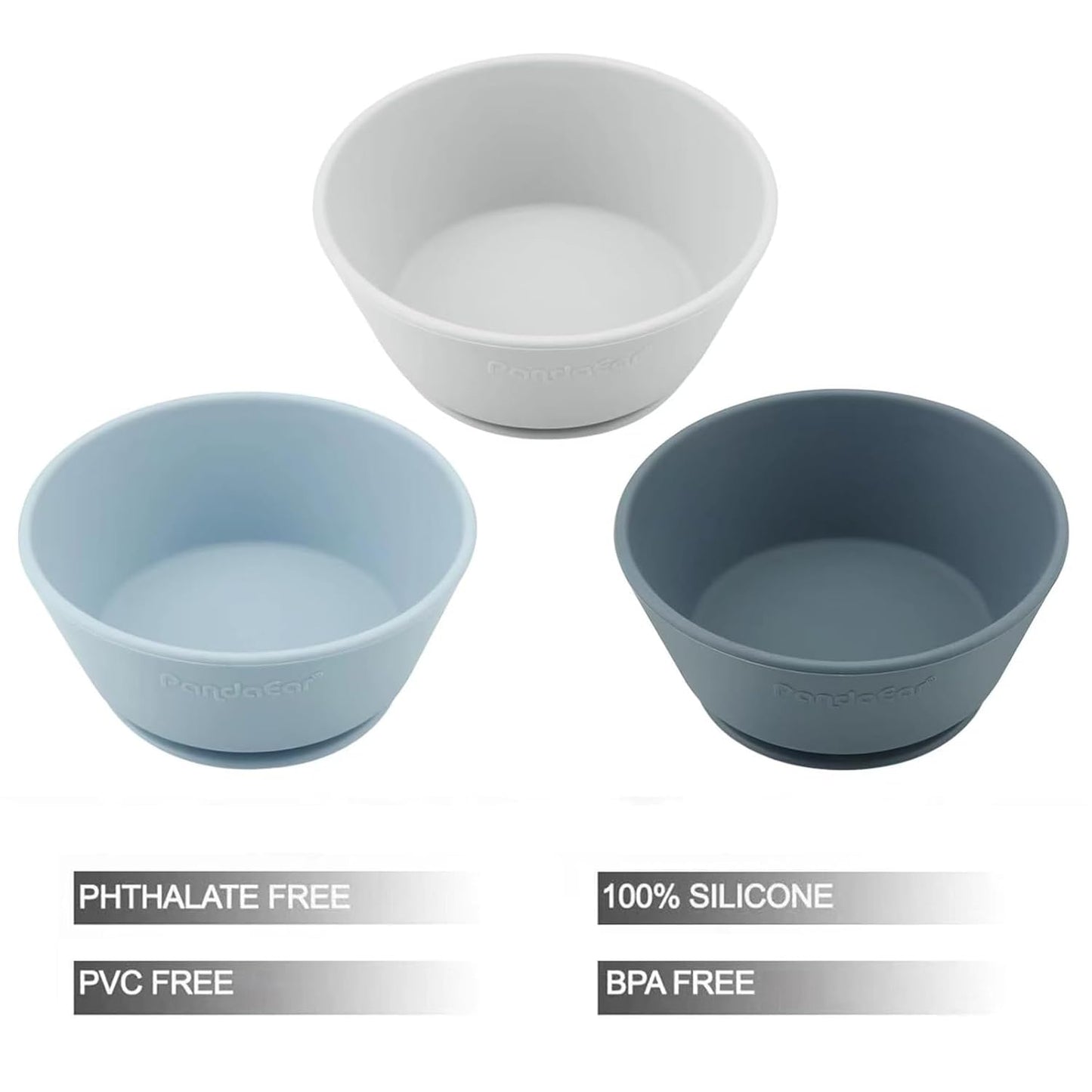 PandaEar 3 Pack Baby Suction Bowls|Silicone Food Bowls First Stage Feeding for Baby Toddler Infant Kids| Food Grade Soft Safe BPA-Free Silicone Toddler Bowls -Blue/Gray