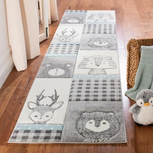 SAFAVIEH Carousel Kids Collection Area Rug - 5'3" Round, Grey & Ivory, Animal Design, Non-Shedding & Easy Care, Ideal for High Traffic Areas for Boys & Girls in Playroom, Nursery, Bedroom (CRK188B)