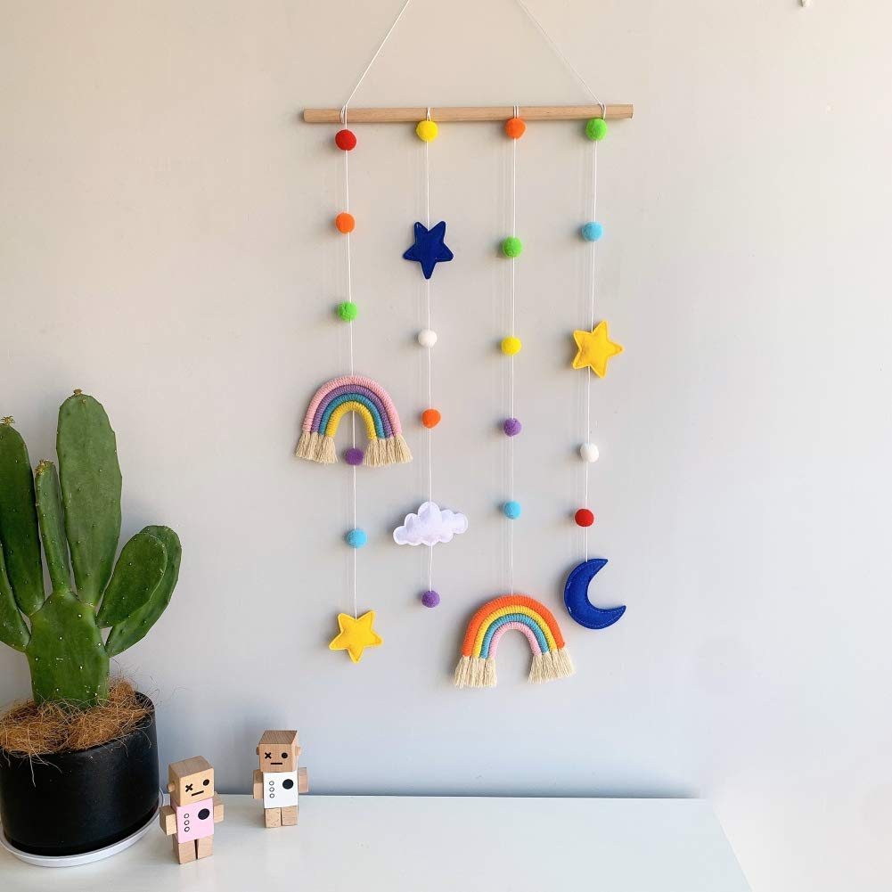 Macrame Rainbow Wall Hanging for Nursery Room,URMAGIC Rainbow Hanging Photo Display with Pom Pom Ball and 25 Photo Clips,Wood Mobile Bed Bell with Moon,Cloud and Stars,Baby Crib Hanging Toys