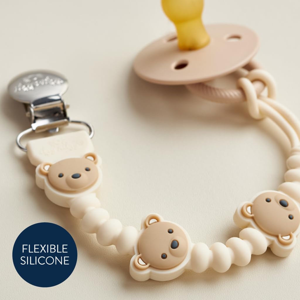 Itzy Ritzy Silicone Pacifier Clip; 100% Food Grade Silicone Pacifier Strap with Clip Keeps Pacifiers, Teethers & Small Toys in Place; Features One-Piece Design, Bear Character & Silicone Cord (Bear)
