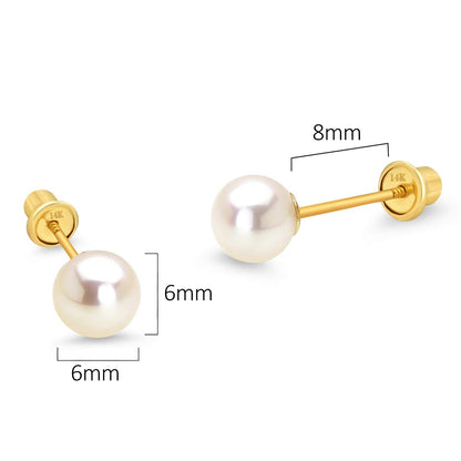 14k Yellow Gold 4-6mm Simulated Pearl Children Screw Back Baby Girls Earrings