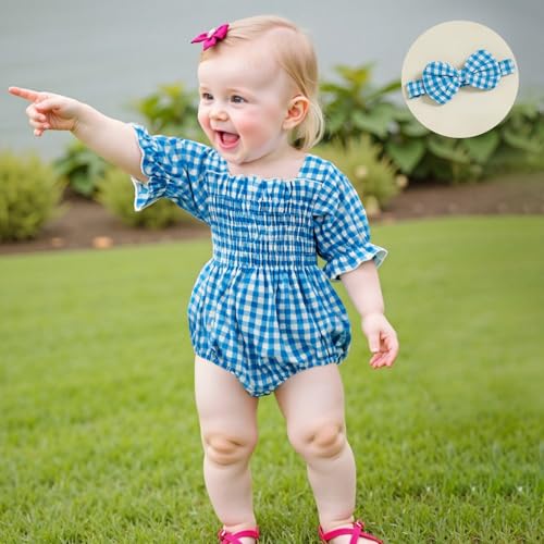 Infant Baby Girls Romper Ruffle Sleeve Pleated Smocked Bubble Plaid One Piece Ruched Jumpsuit Summer Bodysuit