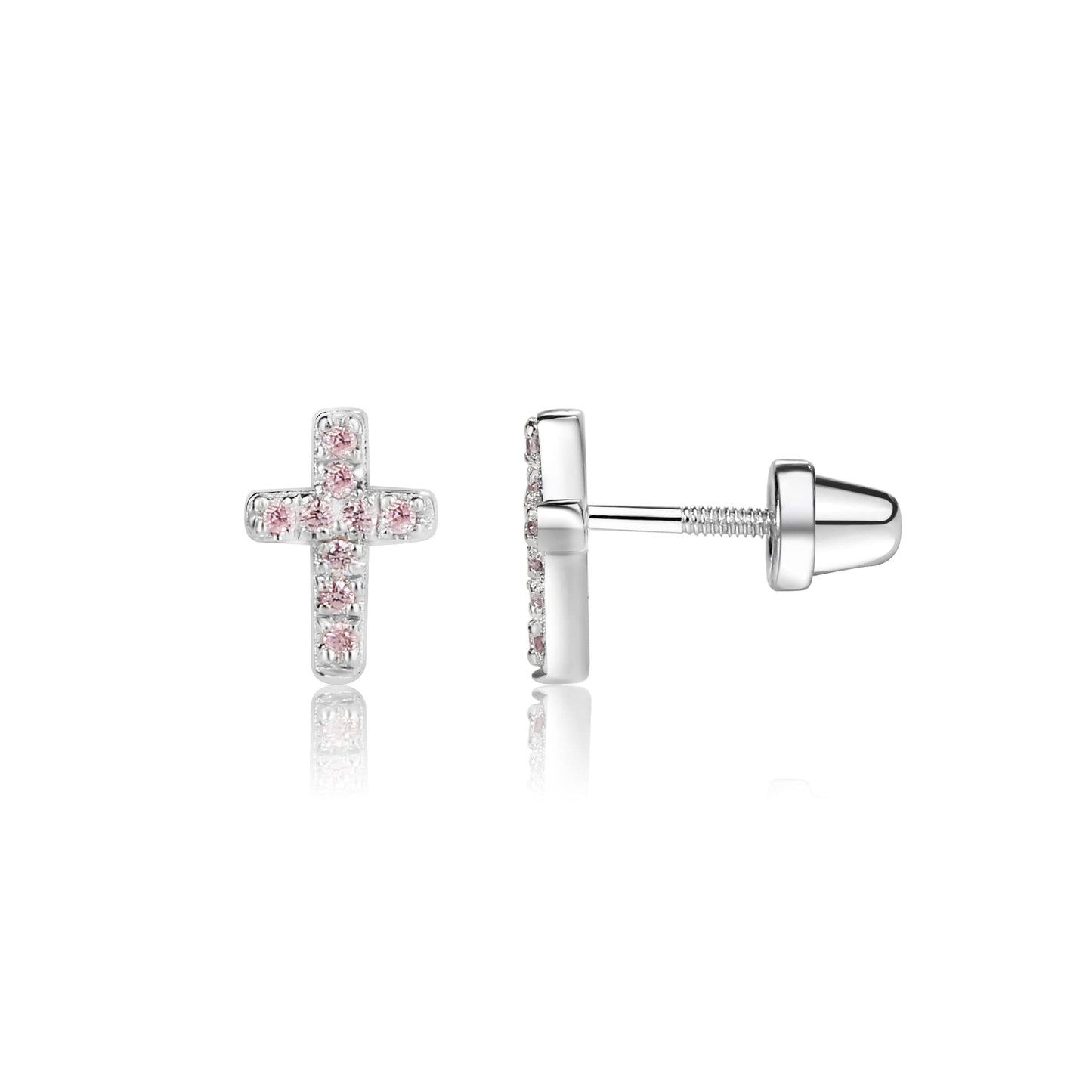 Cherished Moments Children's Sterling Silver or Gold-Plated Cross Earrings with CZs and Safety Screw Backs for Baptism, Christening and First Communion Gifts for Girls