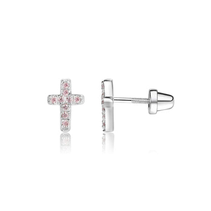Cherished Moments Children's Sterling Silver or Gold-Plated Cross Earrings with CZs and Safety Screw Backs for Baptism, Christening and First Communion Gifts for Girls