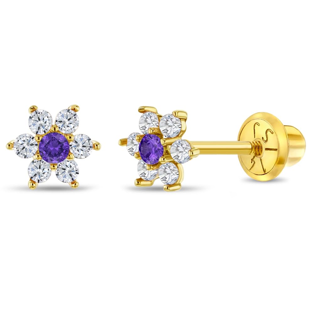 14k Yellow Gold Colorful Cubic Zirconia Flower Studs - Screw Back Earrings for Toddlers & Little Girls - Casual & Sparkly Flower Earrings for Children