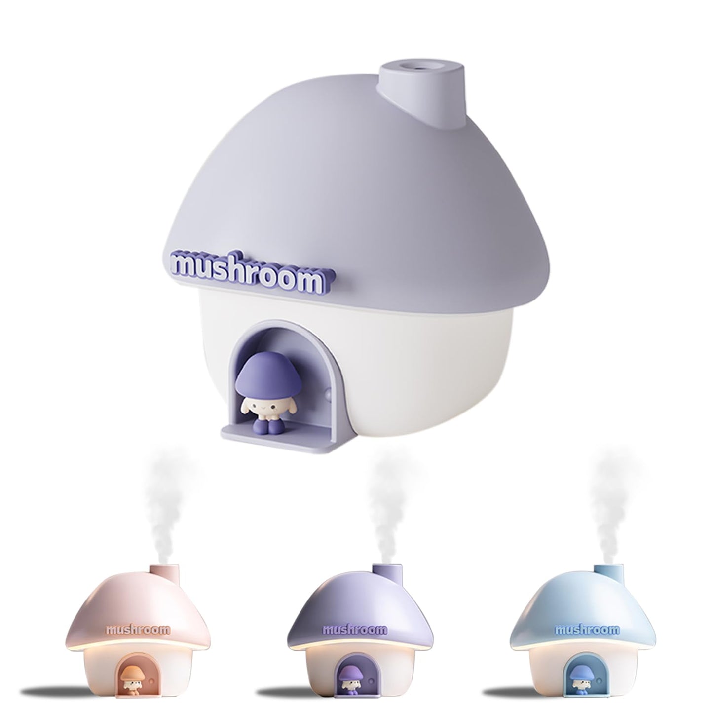 Cute Mushroom House Humidifier, 300ml Small Cool Mist Humidifers, USB Rechargeable Mini Portable Air Humidifer with Night Light for Bedroom, Office, Car, Travel, Indoor Plants (Purple)