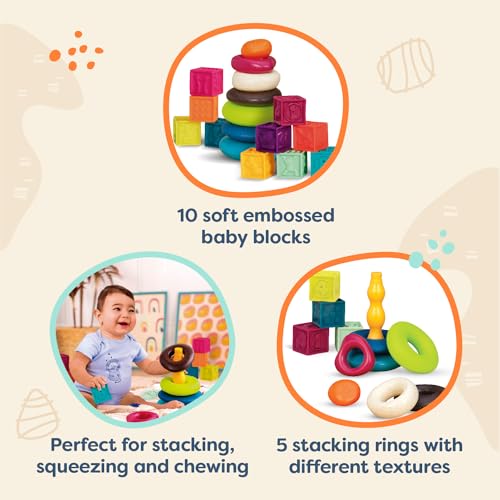 B. toys – Baby Blocks – Stacking & Building Toys For Babies – 10 Soft & Educational Blocks- Numbers, Shapes, Colors, Animals- One Two Squeeze- 6 Months +