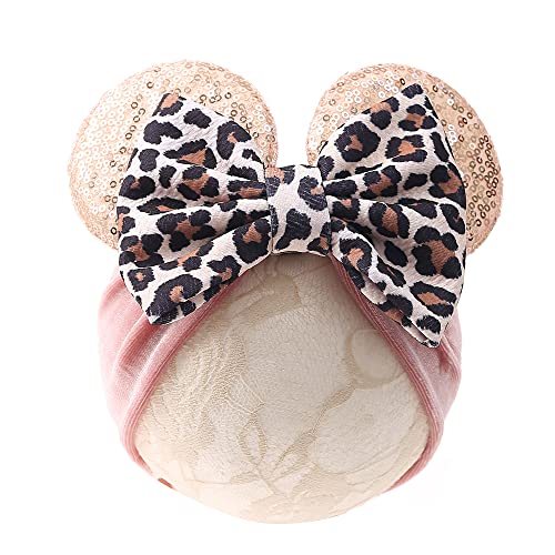 JIAHANG Baby Leopard Bows Turban Knotted Head Wraps, Hair Bows Headbands Stretchy Hair bands for Infant Toddlers Girls (pink leopard)