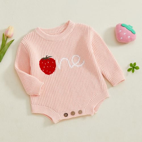 Baby Girl First Birthday Outfit One Year Old Strawberry Embroidery Knit Sweater Romper Warm Fall Winter Clothes