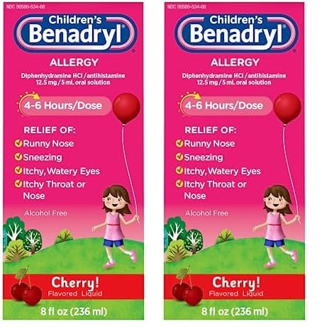 Benadryl Children's Dye-Free Allergy Relief Liquid + 12.5 mg Diphenhydramine HCl, Antihistamine Allergy Medicine for Kids Helps Relieve Runny Nose & Sneezing, Bubble Gum Flavor, 8 fl. oz