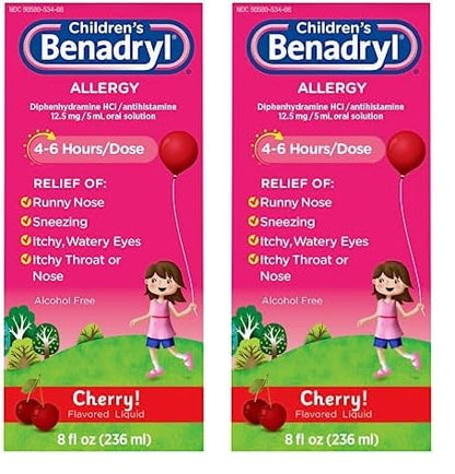 Benadryl Children's Dye-Free Allergy Relief Liquid + 12.5 mg Diphenhydramine HCl, Antihistamine Allergy Medicine for Kids Helps Relieve Runny Nose & Sneezing, Bubble Gum Flavor, 8 fl. oz