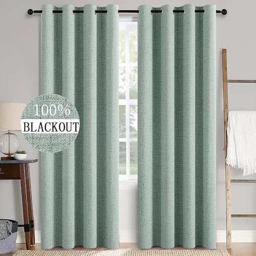 MIULEE 100% Blackout Linen Textured Curtains for Bedroom Solid Thermal Insulated Natural Beige Grommet Room Darkening Curtains & Drapes Luxury Decor for Living Room Nursery 52 x 84 Inch (2 Panels)