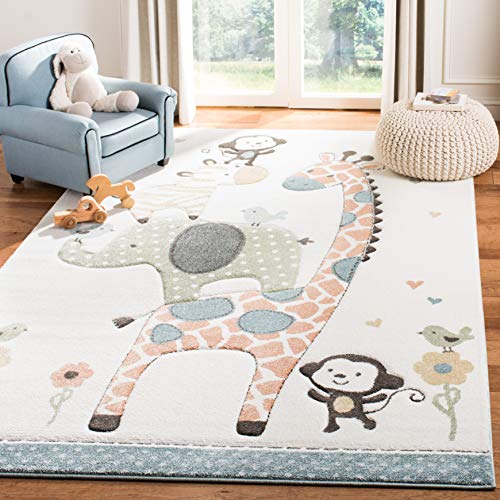 SAFAVIEH Carousel Kids Collection Accent Rug - 4' x 6', Ivory, Animal Design, Non-Shedding & Easy Care, Ideal for High Traffic Areas for Boys & Girls in Playroom, Nursery, Bedroom (CRK120A)