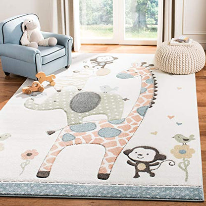 SAFAVIEH Carousel Kids Collection Accent Rug - 4' x 6', Ivory, Animal Design, Non-Shedding & Easy Care, Ideal for High Traffic Areas for Boys & Girls in Playroom, Nursery, Bedroom (CRK120A)
