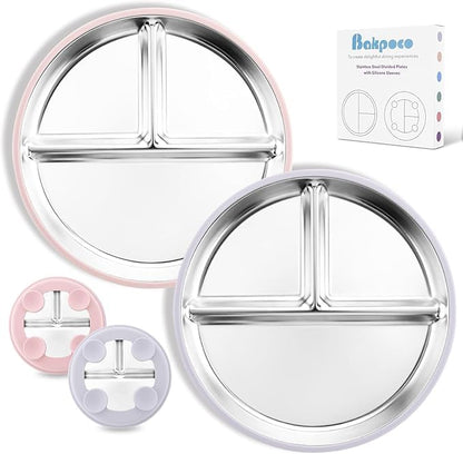 Stainless Steel Baby Plate with Suction, 9” Divided Toddler Plates with Removable Silicone Sleeves for Kids, Non-Toxic Non-Slip Unbreakable Dishwasher Safe Dinnerware Set of 2, Pink & Beige
