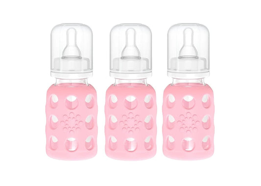 Lifefactory Glass Baby Bottles with Silicone Protection - 3-Pack, 4 oz Bottles, (Pink)