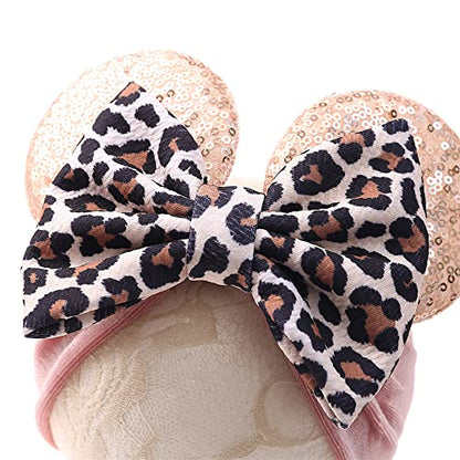 JIAHANG Baby Leopard Bows Turban Knotted Head Wraps, Hair Bows Headbands Stretchy Hair bands for Infant Toddlers Girls (pink leopard)