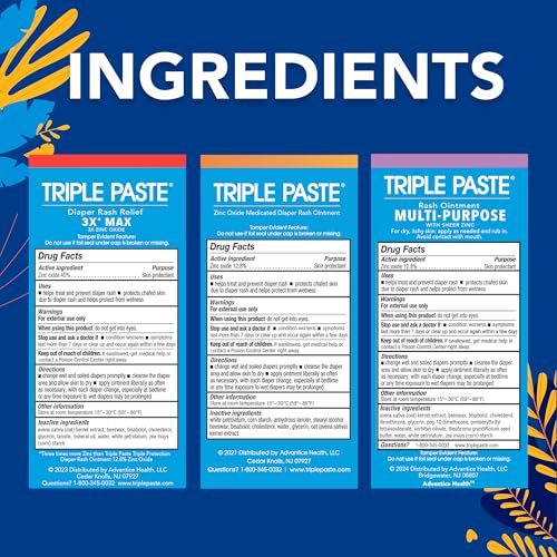 Triple Paste 3X Max Diaper Rash Ointment, Maximum Strength with 40% Zinc Oxide Ointment for Severe Diaper Rash, 2 oz Tube