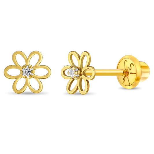 14k Yellow Gold Dainty Cubic Zirconia Young Girls Open Flower Earrings with Safety Screw Backs - Small Flower Stud Earrings for Toddlers with Locking Screw Backs for Safety & Comfort