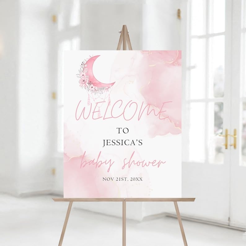 Baby Shower Sign, Pink Floral Welcome Sign, Girl Baby Shower, 12''W x 18''L, Plastic, Full Size