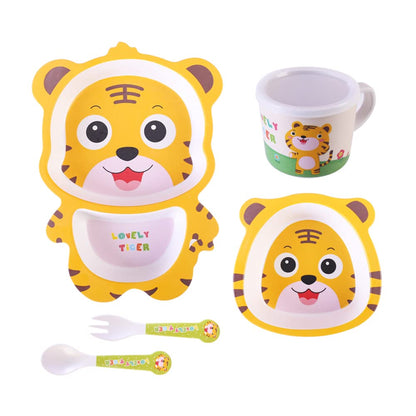 Bamboo Kids Dinnerware Set 5 Pcs Includes Plate Bowl Cup Fork Spoon Perfect for Kids BPA-Free (Little Dinosaur)