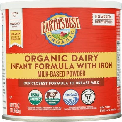 Earth's Best Organic Baby Formula for Babies 0-12 Months, Powdered Dairy Infant Formula with Iron, Omega-3 DHA, and Omega-6 ARA, 32 oz Formula Container